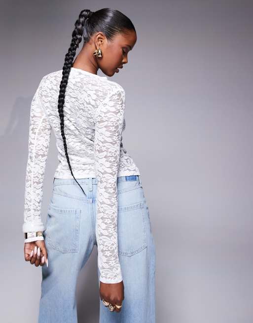 Missyempire - Top bianco a maniche lunghe in pizzo a fiori trasparente, 4 di 4
