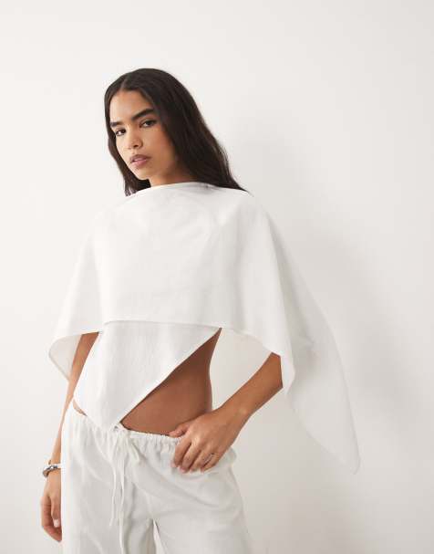 Missyempire - Top bianco effetto lino drappeggiato con mantella sovrapposta in coordinato - view 1
