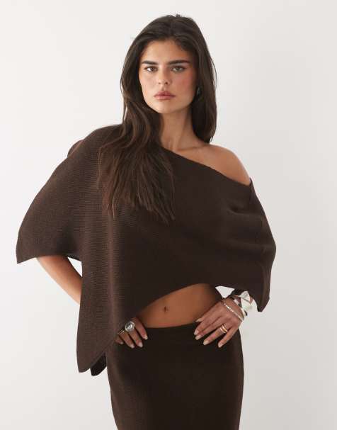 Missyempire top coord en maille côtelée à ourlet asymétrique et cape couleur chocolat - view 1