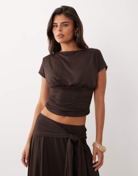 Missyempire top coordinato con vita aderente arricciata soft touch color cioccolato - view 1