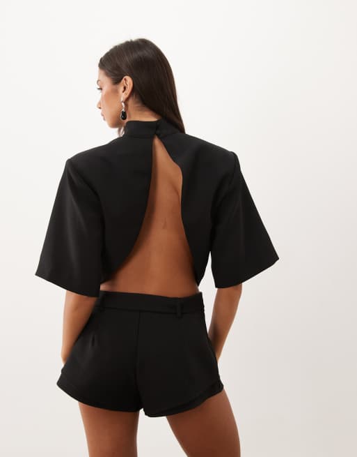 Missyempire top coordinato nero con collo alto, maniche a pipistrello e schiena aperta, 2 di 4