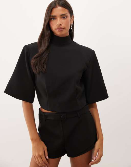 Missyempire top coordinato nero con collo alto, maniche a pipistrello e schiena aperta, 4 di 4