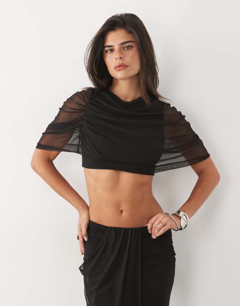 Missyempire top court coordonné en tulle avec détail drapé noir - view 1