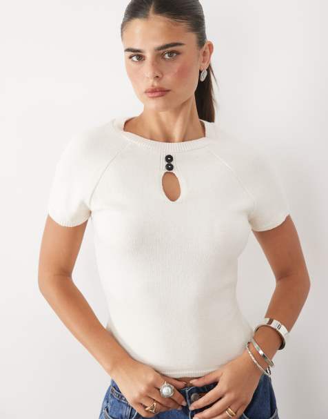 Missyempire top en maille à boutons sur le devant avec détail goutte d'eau, crème - view 1