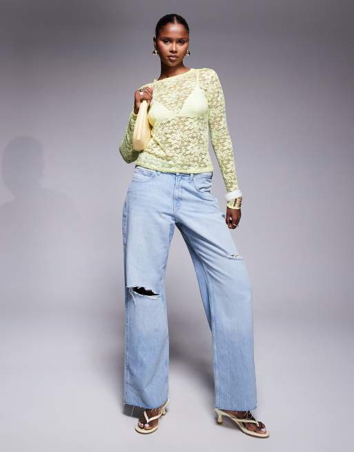 Missyempire - Top giallo a maniche lunghe in pizzo a fiori trasparente, 2 di 4