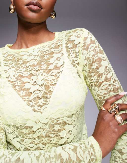Missyempire - Top giallo a maniche lunghe in pizzo a fiori trasparente, 3 di 4