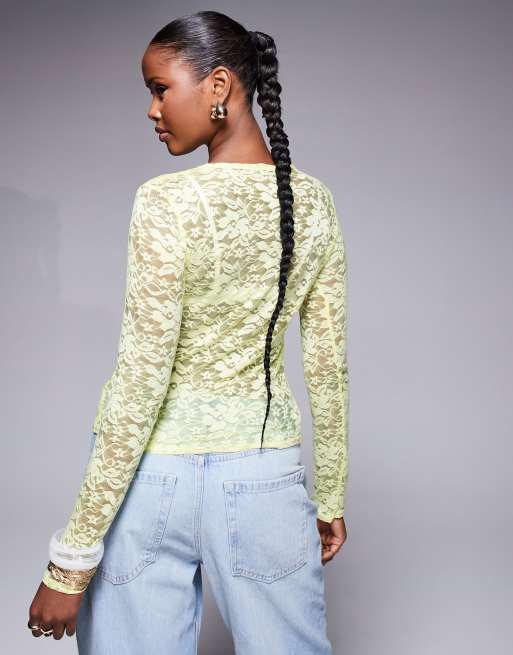 Missyempire - Top giallo a maniche lunghe in pizzo a fiori trasparente, 4 di 4
