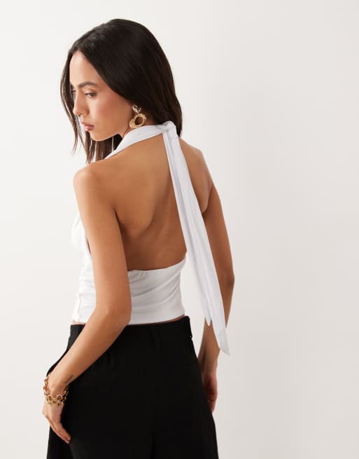 Missyempire - top halter drapeado elástico doble en blanco, 4 de 4