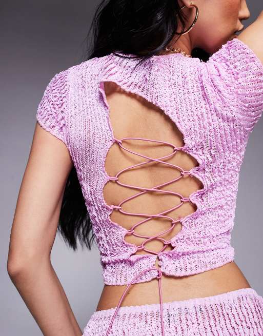Missyempire - Top rosa testurizzato a nido d'ape con schiena scoperta e lacci in coordinato, 4 di 4