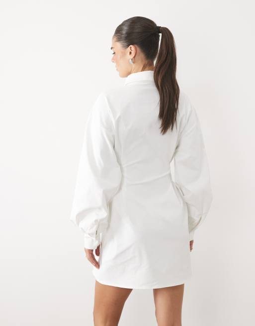 Missyempire vestito camicia mini bianco con vita stretta e maniche a palloncino, 4 di 4