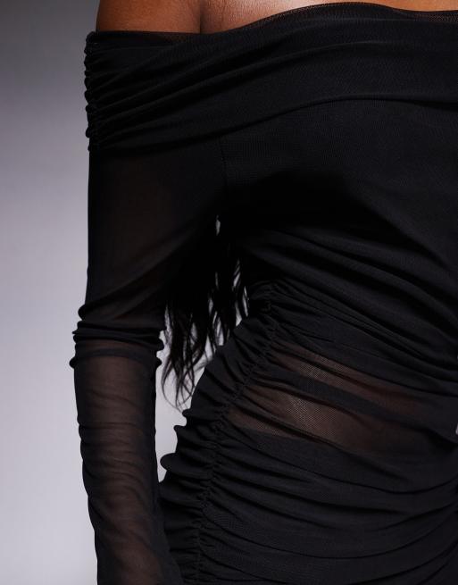 Missyempire - Vestito corto con scollo Bardot e inserti in rete nero, 3 di 4