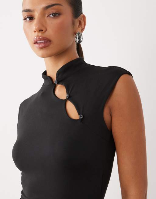 Missyempire vestito corto nero con colletto alla coreana e maniche corte, 3 di 4