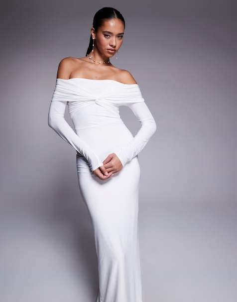 Missyempire - Vestito lungo a maniche lunghe in tessuto doppiato aderente bianco con scollo alla Bardot intrecciato sul davanti - view 1