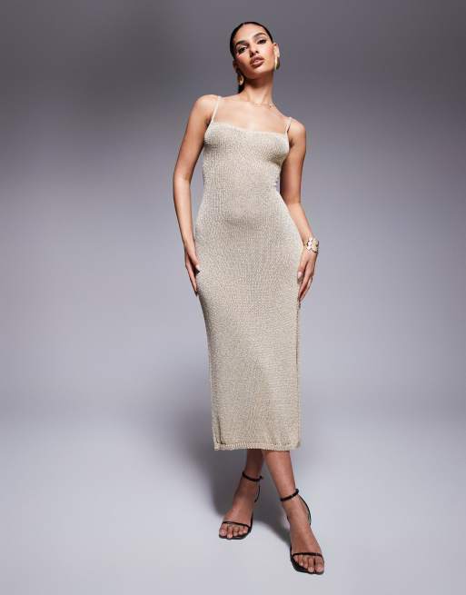 Missyempire - Vestito midi in maglia color oro metallizzato con spacco laterale e allacciatura sul retro