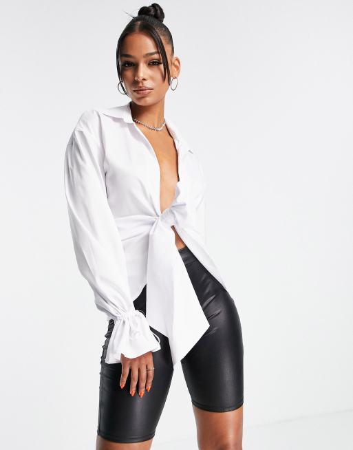 Missyempire white plunge drape detail shirt in white