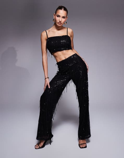 Missyempire wide leg trouser co-ord in black tassel sequin - view 1