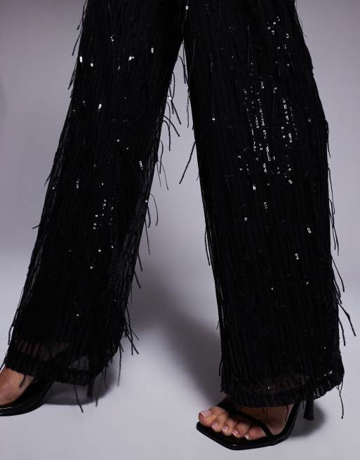 Missyempire wide leg trouser co-ord in black tassel sequin, 4 of 5