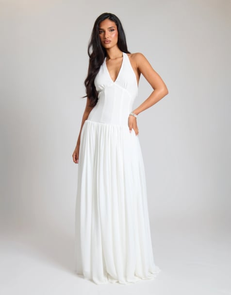 Missyempire Woven plunge boned lace up halterneck corset maxi dress in cream - view 1