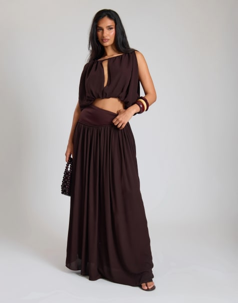 Missyempire Woven ruched asym drop waist maxi skirt in chocolate - view 1
