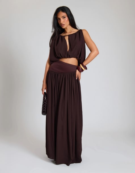Missyempire Woven ruched tie front crop top in chocolate - view 1