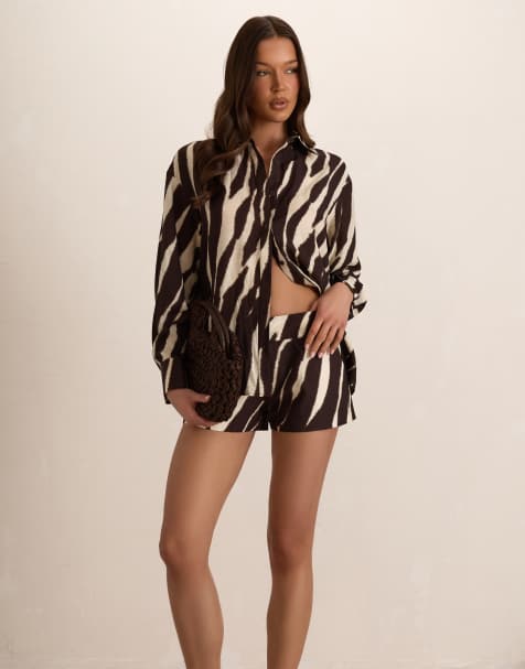 Missyempire Woven zebra oversized shirt cuffed in brown - BROWN - view 1