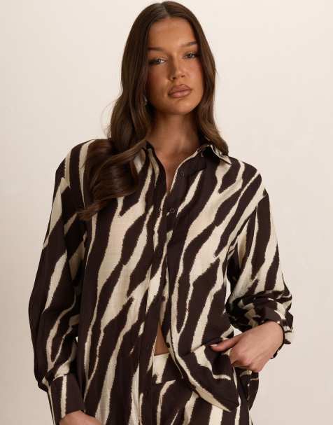 Missyempire Woven zebra oversized shirt cuffed in brown - view 1