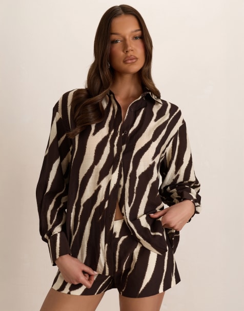 Missyempire Woven zebra oversized shirt cuffed in brown