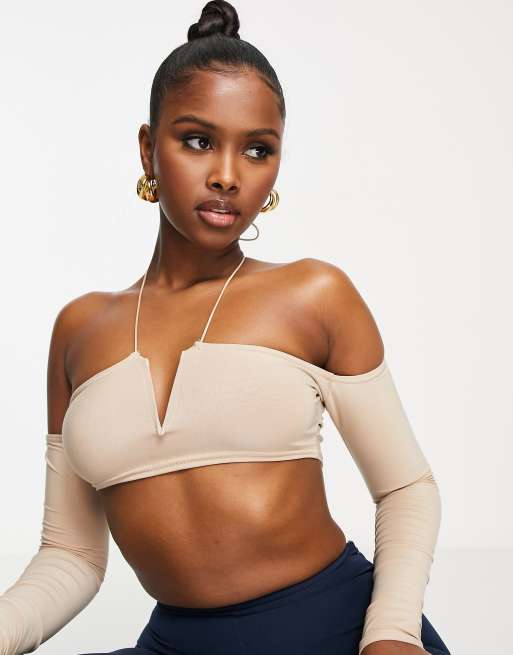 Missyempire x Aaliyah Ceilia - Crop top con spalle scoperte e scollo profondo color sabbia