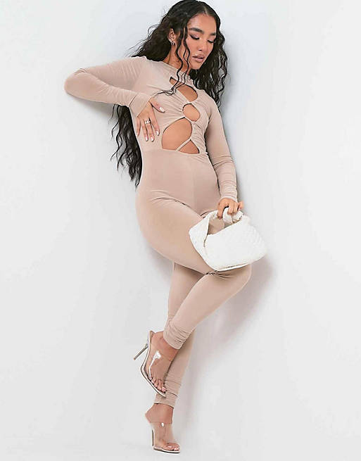 Women Missyempire x Aaliyah Ceilia cut out bust fitted jumpsuit in sand 