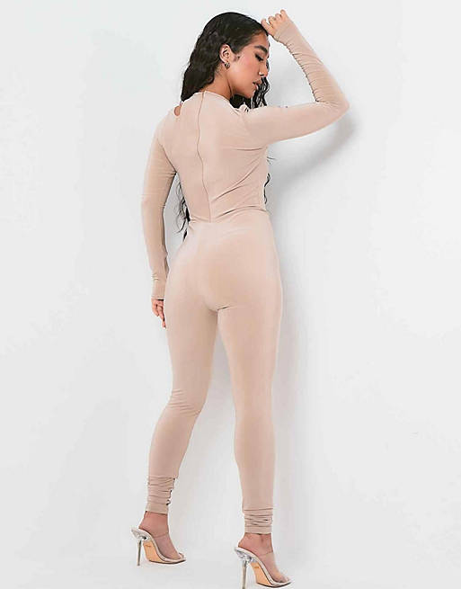 Women Missyempire x Aaliyah Ceilia cut out bust fitted jumpsuit in sand 