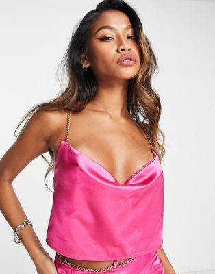 Missy Empire X Emily Faye Miller satin top with chain detail in pink (Part of a set) - ASOS Price Checker