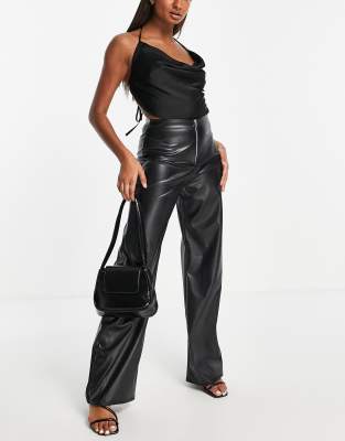 Missy Empire x Emily Faye Miller wide leg leather look pants in black (part of a set) - ASOS Price Checker