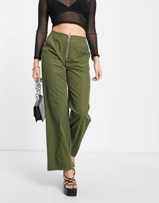 zip detail cargo pants in khaki-Green
