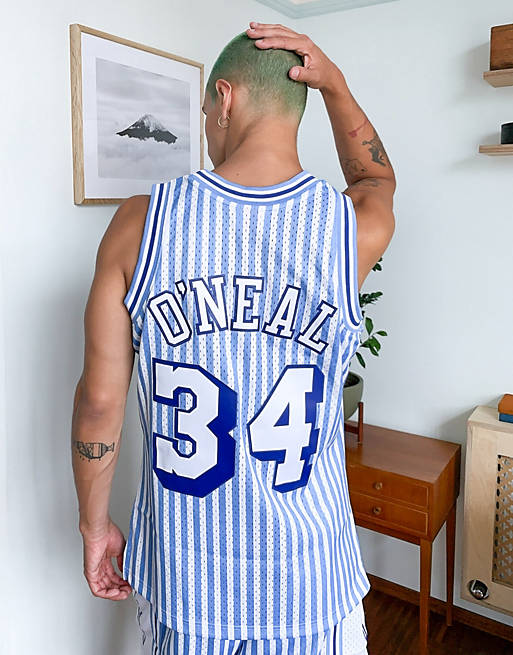 Mitchell & Ness NBA LA Lakers Shaquille O'Neal Striped Swingman jersey in  blue/white