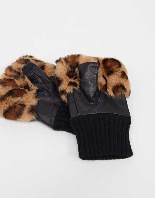Mitones negros de cuero con ribete de piel sintética con estampado de leopardo de Jayley, 2 de 4