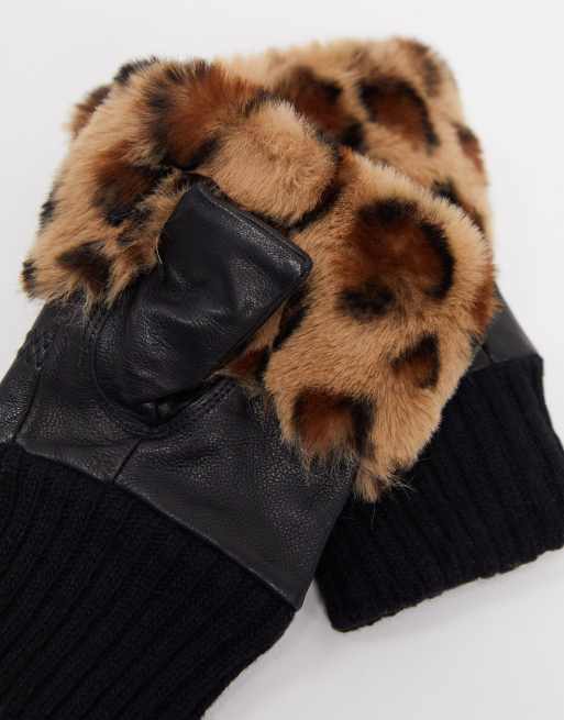 Mitones negros de cuero con ribete de piel sintética con estampado de leopardo de Jayley, 3 de 4
