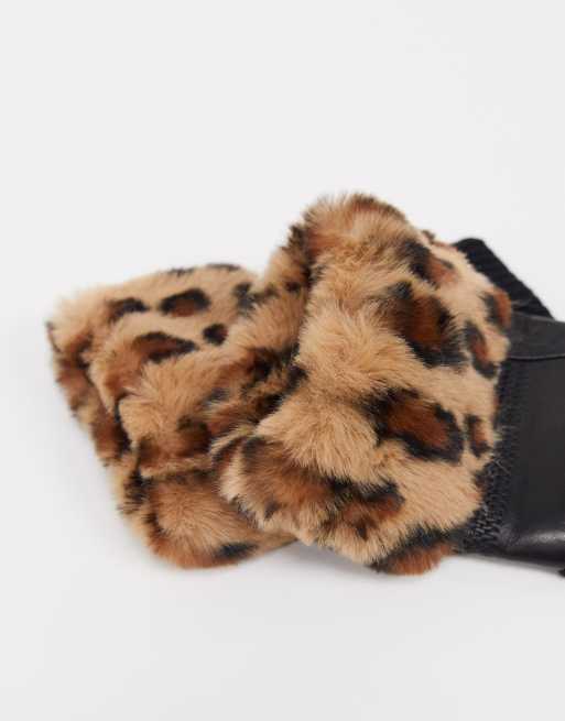 Mitones negros de cuero con ribete de piel sintética con estampado de leopardo de Jayley, 4 de 4