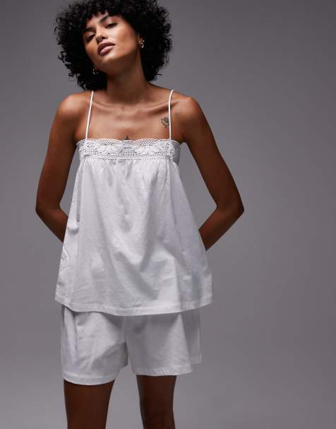 Mix & Match - Pigiama bianco con canottiera e pantaloncini in cotone con finiture in pizzo - view 1
