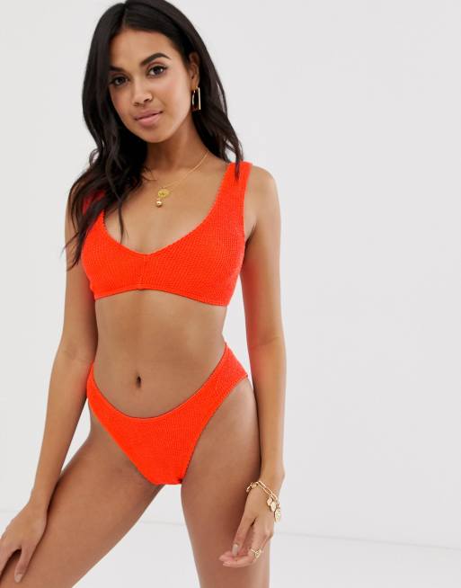 Rynket bikinitop og trusse i neonorange fra ASOS DESIGN Mix og match, 4 af 6