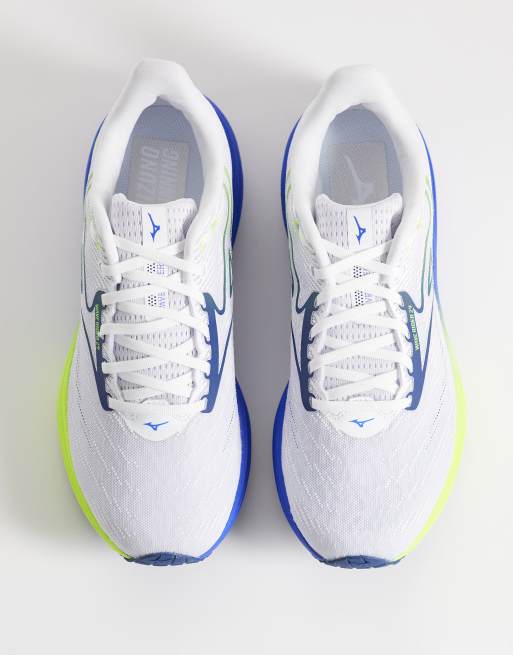 Mizuno Wave Rider 29 running trainers in white, yellow and blue, 3 of 5