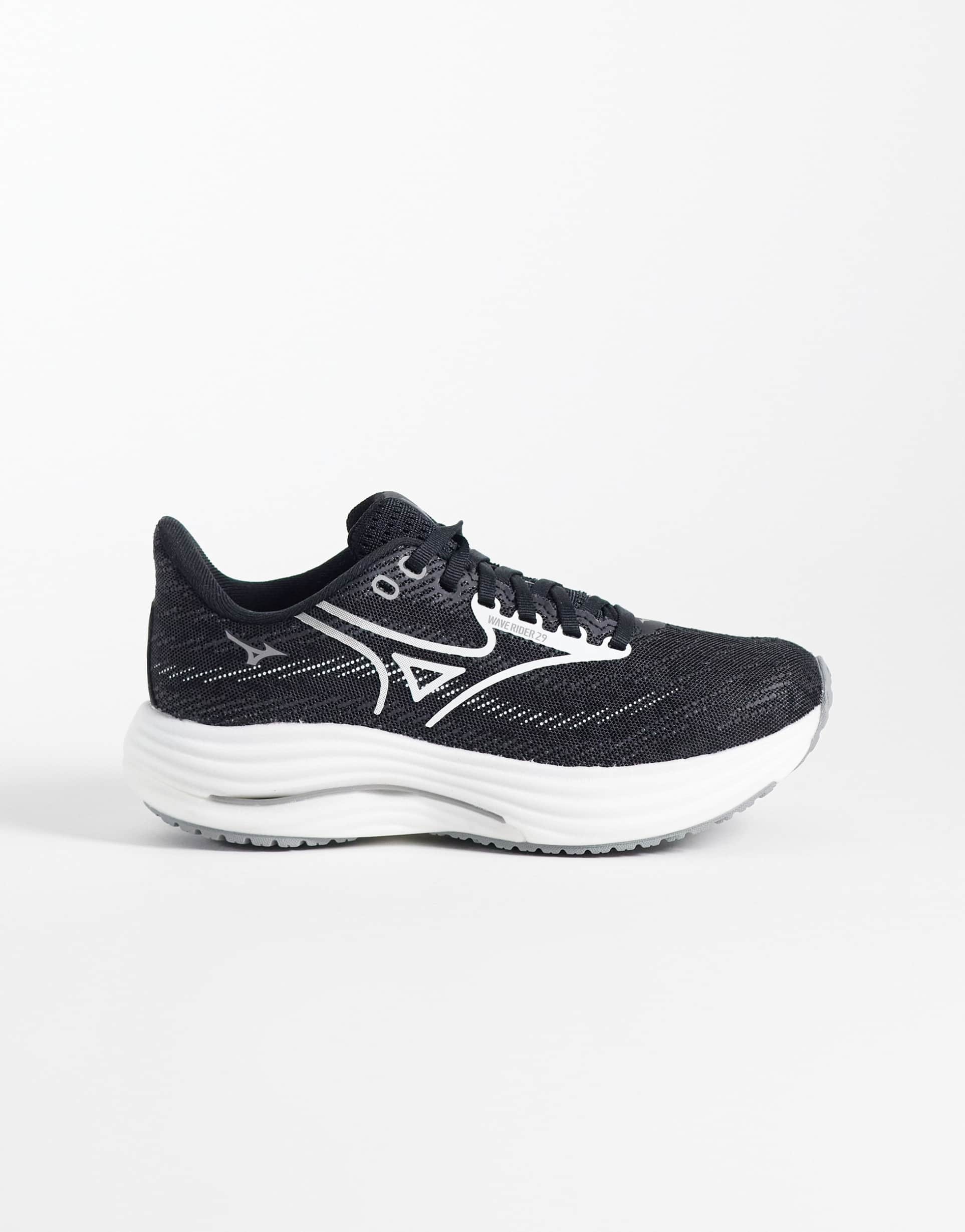 mizuno wave rider 29 sneakers in black and white