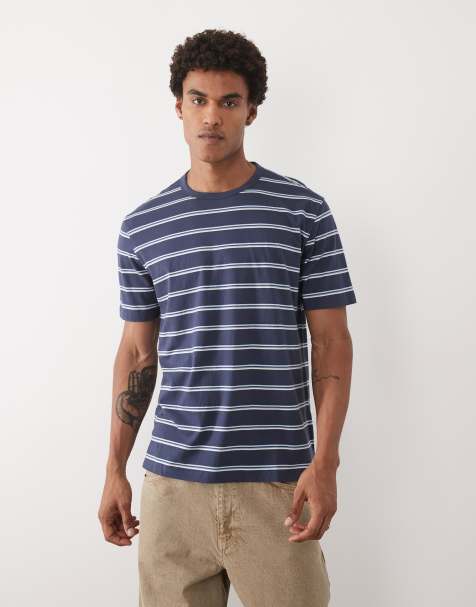 Mnago 100% cotton light weight striped t-shirt in navy - view 1