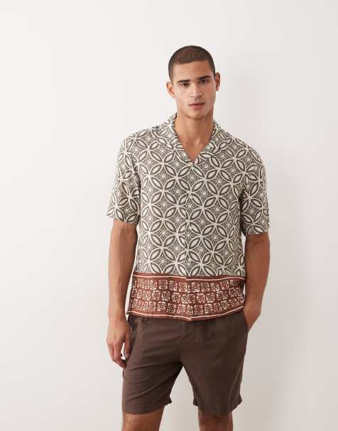 Mnago linen blend retro geometric print shirt in khaki - view 1