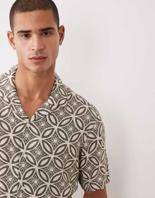 Mnago linen blend retro geometric print shirt in khaki, 2 of 5