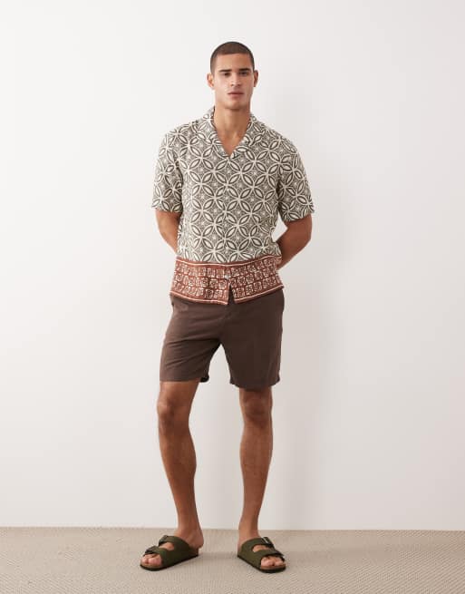 Mnago linen blend retro geometric print shirt in khaki, 3 of 5