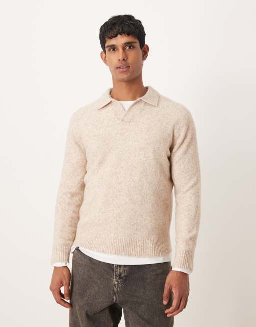 Mnago wool mix knitted polo in ecru