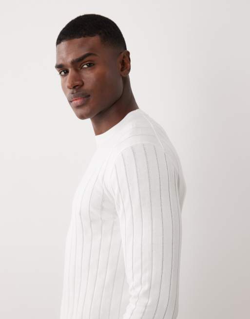 Mnango - Maglione a maniche lunghe in maglina bianco a coste, 4 di 5
