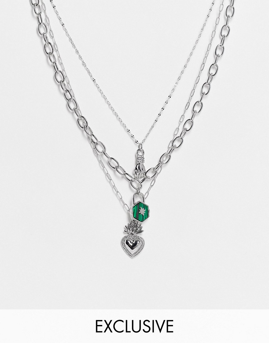 фото Многоярусное серебристое ожерелье с подвеской в виде горящего сердца reclaimed vintage inspired-серебряный