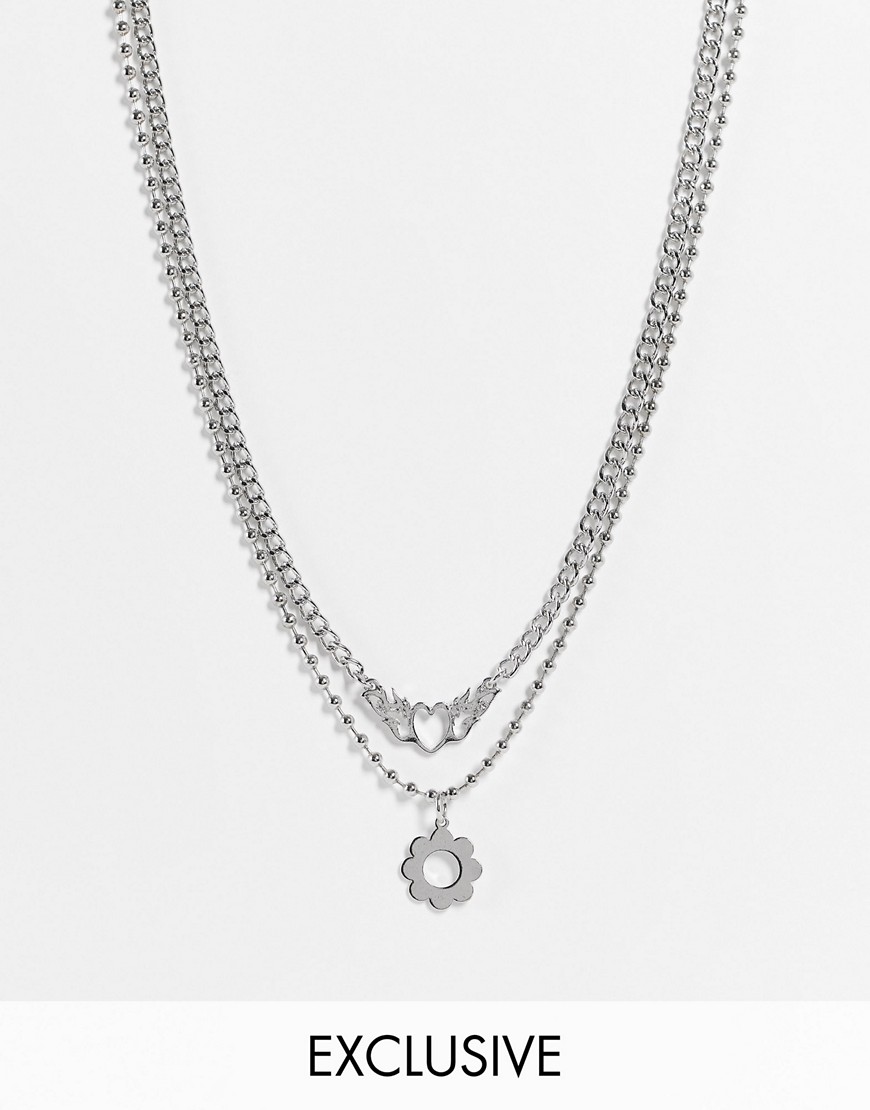 фото Многоярусное серебристое ожерелье унисекс с подвеской в виде горящего сердца в стиле гранж reclaimed vintage inspired-серебристый