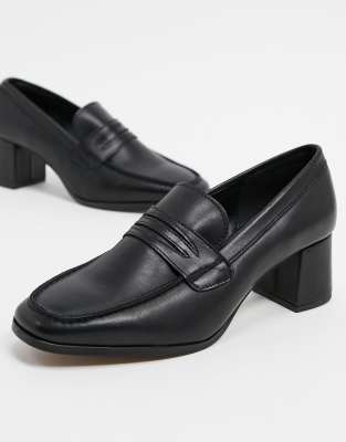 Mocasines De Cuero Negro Con Tacón Y Puntera Cuadrada De Depp